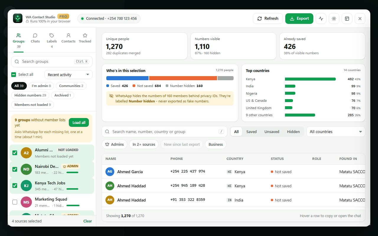 WA Contact Studio open as an overlay on top of WhatsApp Web