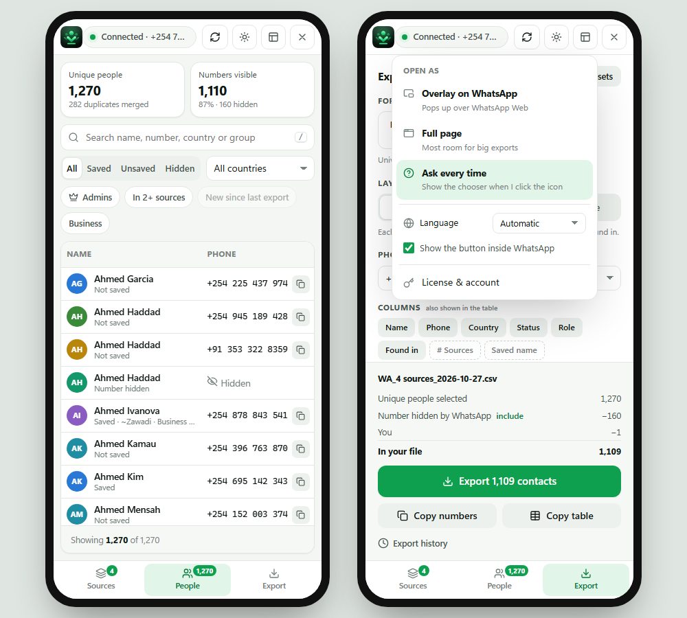 WA Contact Studio on two phone screens: the people list and the export panel